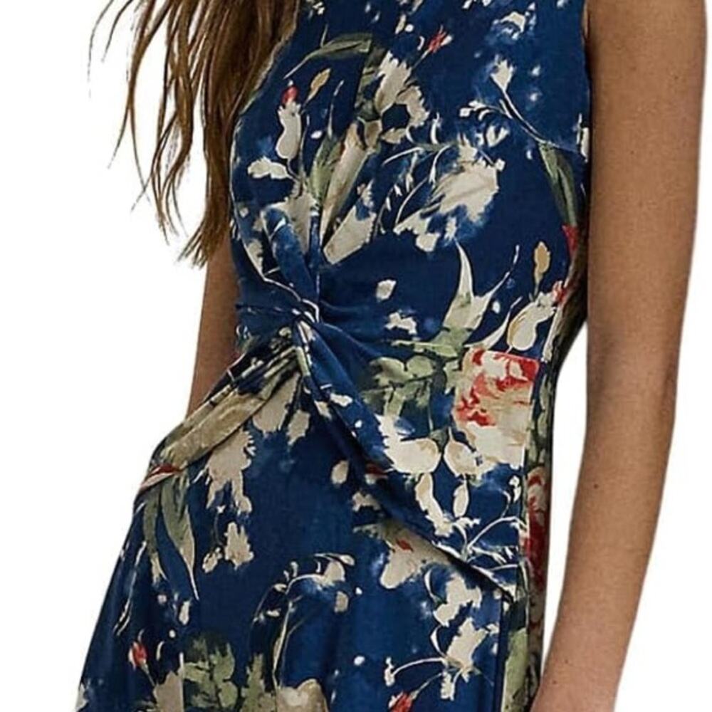 Ralph Lauren Midi Dress Blue Floral Twist Front Stretch Jersey Wedding Guest 6 - Picture 3 of 14